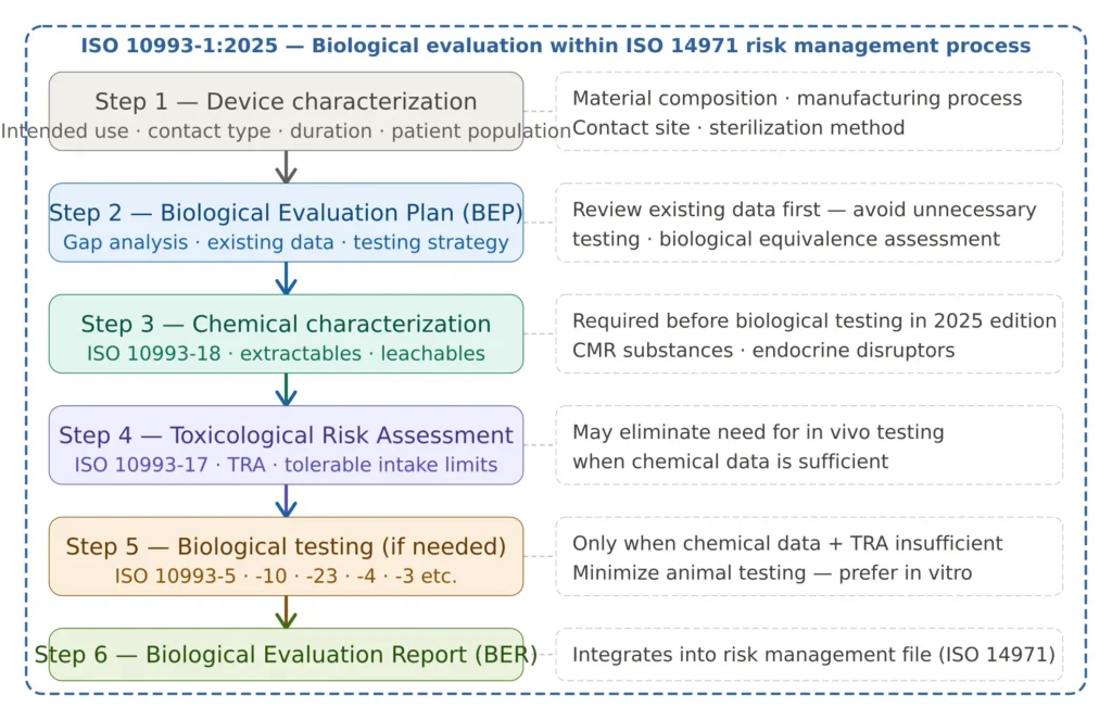 ISO 10993 biological evaluation framework showing six steps from device characterization through biological evaluation plan chemical characterization toxicological risk assessment biological testing and biological evaluation report
