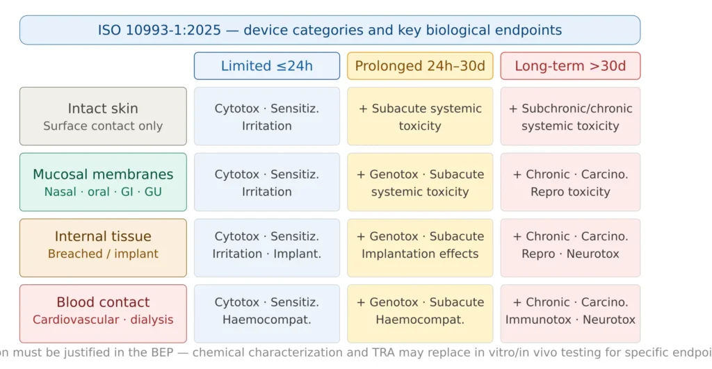 ISO 10993-1 2025 device contact categories matrix showing required biological endpoints for intact skin mucosal membranes internal tissue and blood contact across limited prolonged and long-term duration